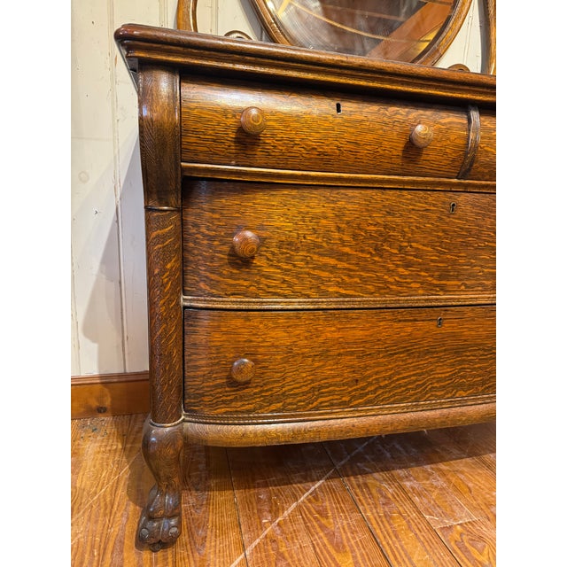 Vintage Tiger Oak Victorian Dresser With Beveled Mirror & Clawfeet. For Sale - Image 9 of 12