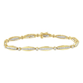 14K Yellow Gold 1-1/2 Cttw Round Brilliant-Cut & Baguette Cut Diamond Bezel and Tapered Link 7" Tennis Bracelet For Sale