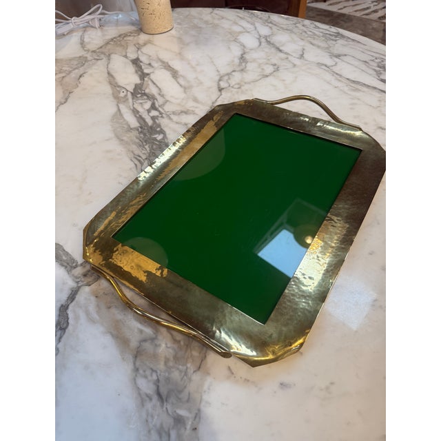 Metal Vintage Brass Tray With Green Glass Insert For Sale - Image 7 of 9