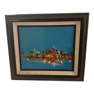 VTG 1950s Mid Century Abstract City Scape Oil Painting 30x33 Signed For Sale