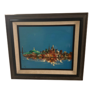 VTG 1950s Mid Century Abstract City Scape Oil Painting 30x33 Signed
