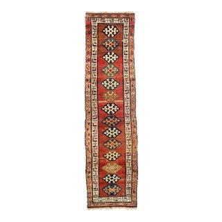 AntiqueGeometric Motifs Rug With Rust Emerald Charcoal Blue Hues 3.6 X 13 For Sale