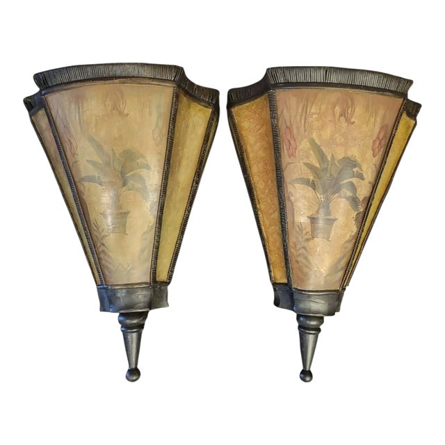 Monumental Size Tropical Palm Tree Distressed Open Top Wall Pockets- A Pair For Sale