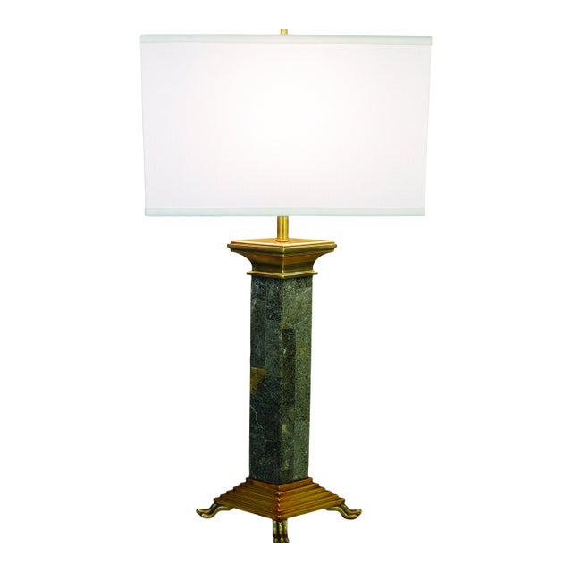 Chapman Egyptian Art Deco Revival Tesselatted Marble Column Bronze Table Lamp 1980's For Sale