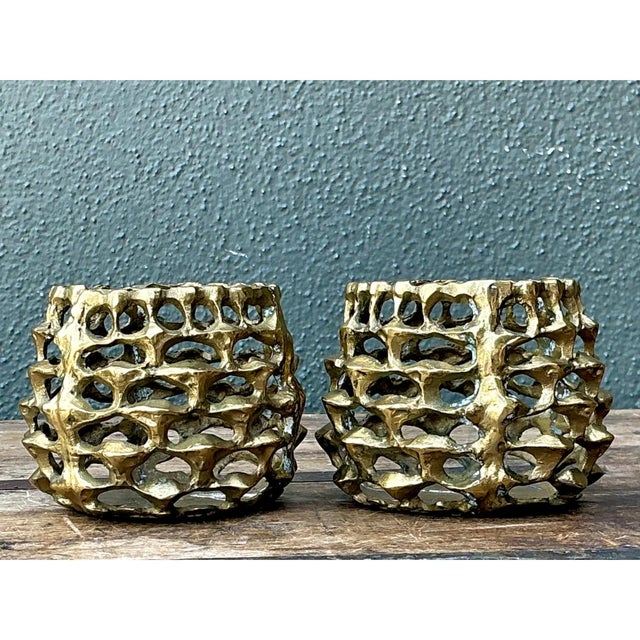 Brass Vintage Brutalist Brass Candle Holders - Pair For Sale - Image 8 of 12
