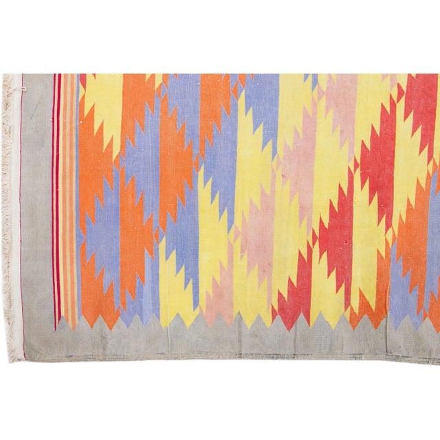 1980s Multicolor Vinatge Cotton Durrie Wool Rug With Geometric Motif For Sale - Image 4 of 7