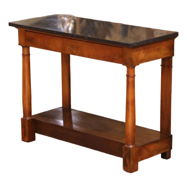 19th Century French Empire Carved Walnut Console Table With Black Marble Top For Sale