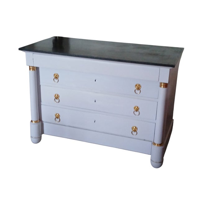 Wood Antique French Empire Commode in Satin Guimauve with Gold Leaf Bronzes, 1815 For Sale - Image 7 of 8
