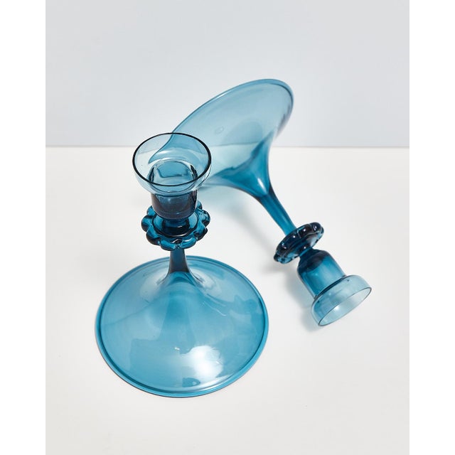 Mid Century Blue Glass Orrefors Swedish Candlestick Pair For Sale - Image 11 of 15