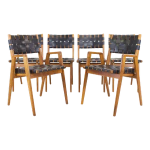 1960s Mel Smilow Attributed Leather Strap + Walnut Dining Chairs - Set of 6