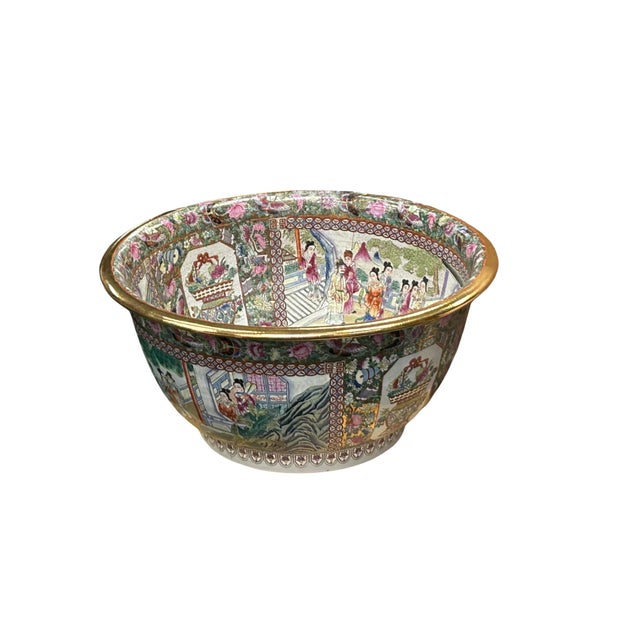 Vintage Chinese Famille Rose People House Graphic Large Porcelain Bowl Pot For Sale - Image 9 of 12