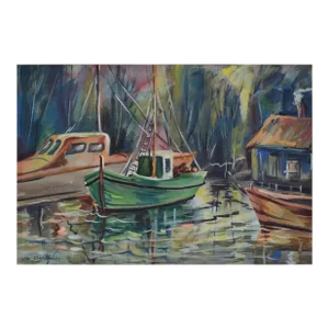 1940's Fishing Boats Landscape by Cora Alice Akers Wright