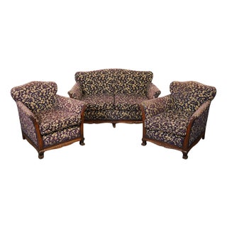 Victorian Fabric Bergere Suite Sofa and Armchairs, Set of 3 For Sale