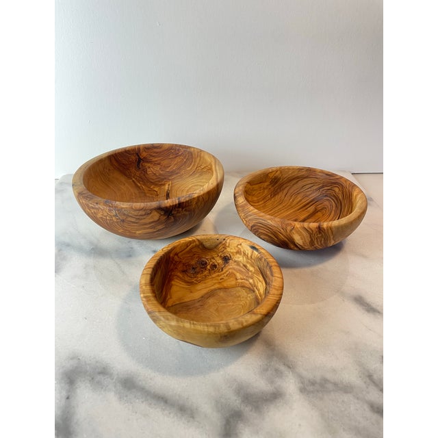 Set of 3 Hand-Turned Olive Wood Nesting Bowls — Organic Modern Decorative Woodware For Sale - Image 4 of 7