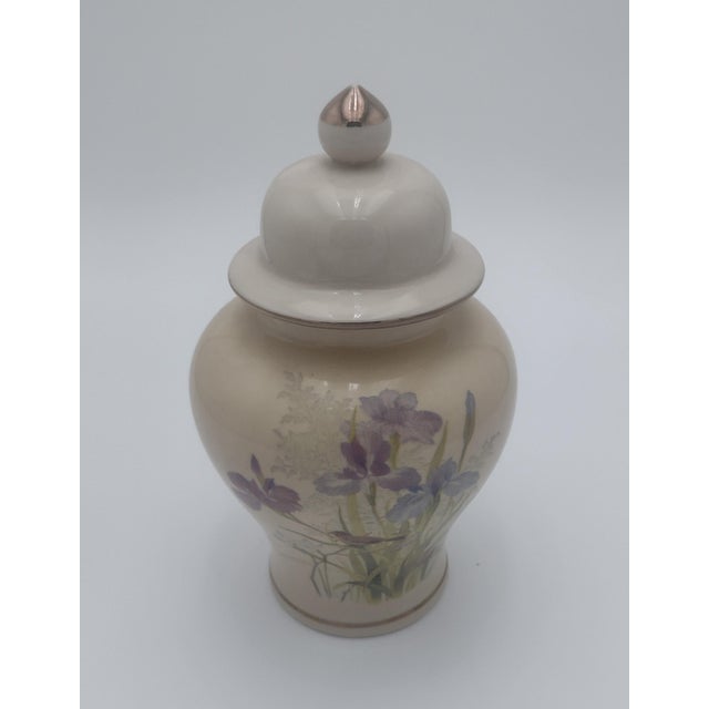 Japanese Vintage Japanese Porcelain Lidded Jar With Iris & Songbird Design For Sale - Image 3 of 12