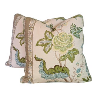 Brunschwig & Fils Bellary Floral Pillows in Aqua/Taupe With Multi Cord For Sale