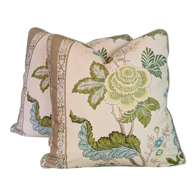 Brunschwig & Fils Bellary Floral Pillows in Aqua/Taupe With Multi Cord For Sale