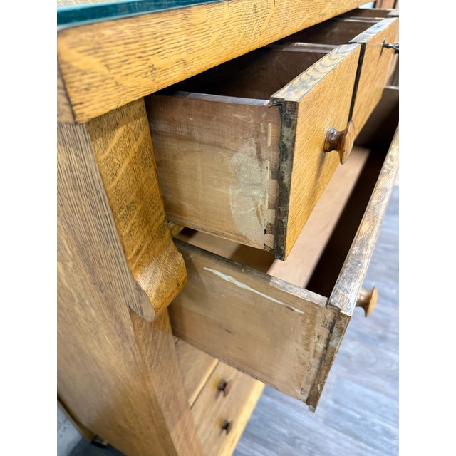 Antique American Empire Revival Oak Highboy Dresser Chest of Drawers With Mirror For Sale - Image 12 of 18