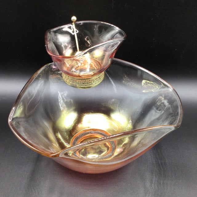 Made by the Indiana glass company peach colored iridescent chip and dip bowl set. Dip bowl measurements are 4 3/4 inches...