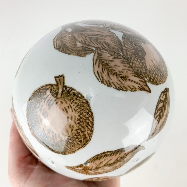 Mid 20th Century Large Vintage Chinoiserie Porcelain Carpet Balls Brown White Floral Birds Fruit For Sale - Image 5 of 8