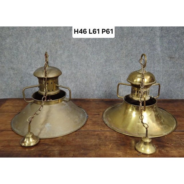 Antique Marine Suspension Lamps in Gilt Brass, 1890s-1910s, Set of 2 For Sale - Image 9 of 11