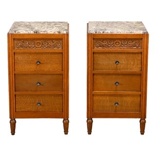French Art Deco Nightstands in Oak and Marble, 1930s, Set of 2 For Sale
