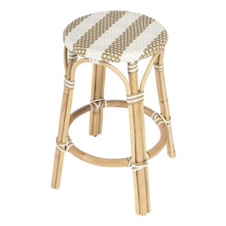 Tobias 24 in. Seat Height Round Rattan Backless Counter Stool, Tan/White Stripe/ Natural Rattan Frame For Sale