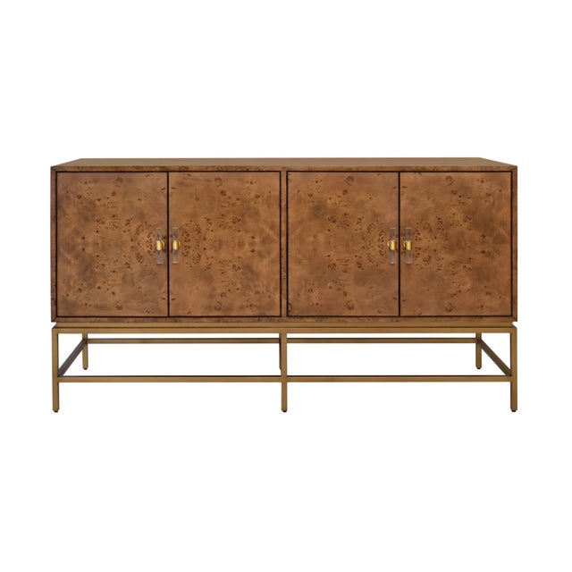 Matthew Izzo Home Ariel Dark Burlwood Four Door Buffet With Acrylic and Antique Brass Door Pulls and Antique Brass Base For Sale - Image 9 of 9