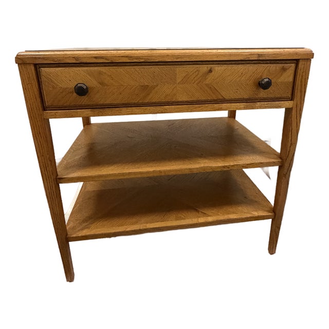 Theodore Alexander Oak Parquetry Nightstand / Side Table With Drawer and Two Shelves For Sale