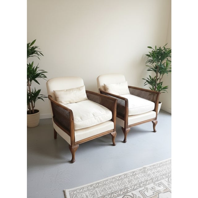 Vintage Louis XV Style Cane and White Fabric Armchairs, 1950, Set of 2 For Sale - Image 3 of 10