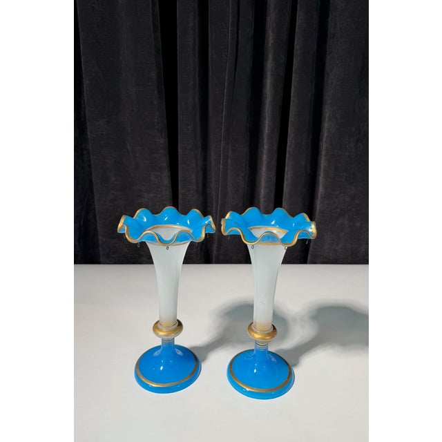 French Blue and White Opaline Glass Vases, Pair For Sale In Baltimore - Image 6 of 8