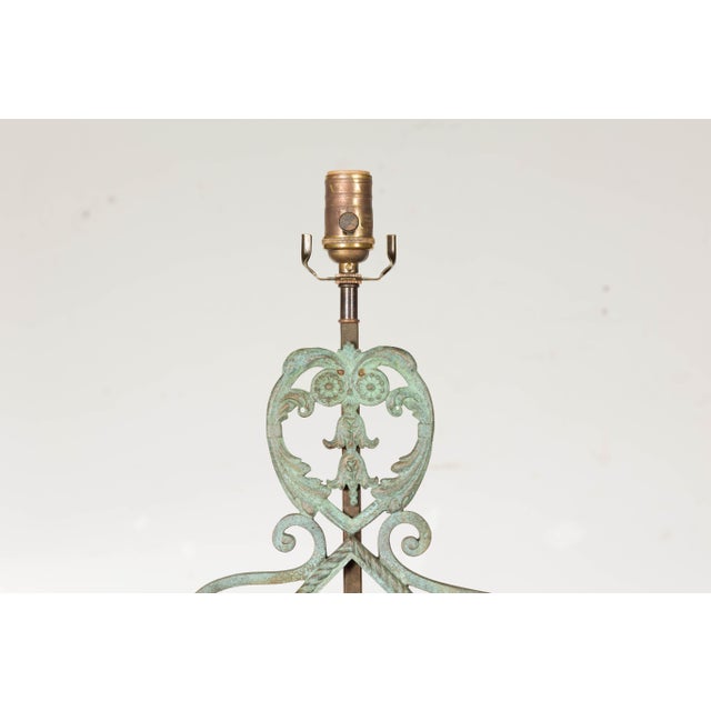 Green Italian Bronze Midcentury Table Lamps with Scrolling Motifs, on Lucite Bases For Sale - Image 8 of 12