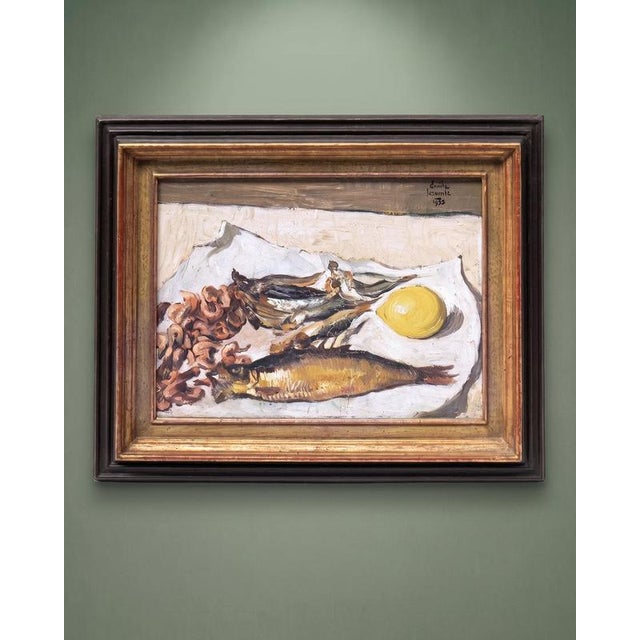 Émile Lecomte, Still Life with Fish, Shrimp & Lemon, 1935, Oil Painting on Canvas, Framed For Sale - Image 12 of 13