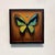 This artwork features a vibrant butterfly at its center, with striking turquoise and yellow wings set against a warm,...