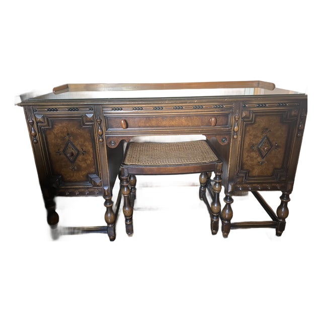 1920s Berkey & Gay Jacobean Revival Burl Walnut Kneehole Desk/Vanity With Glass Top & Stool, Vintage, Maker's Mark For Sale