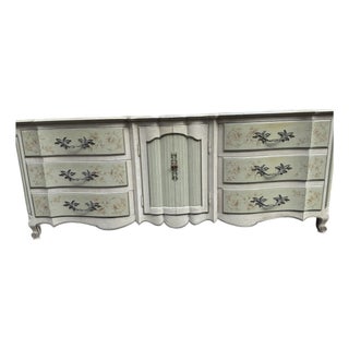 1970s Mint Green Engraved Carvings Antique John Widdicomb Triple Dresser For Sale