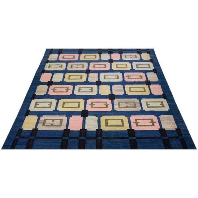 Mid-Century Modern 2020s Flatweave Kilim Wool Rug Mid-Century Modern Style in Blue For Sale - Image 3 of 7