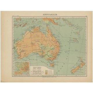 Antique Map of Australia and Oceania Physical Relief Map by Hachette, 1883 For Sale