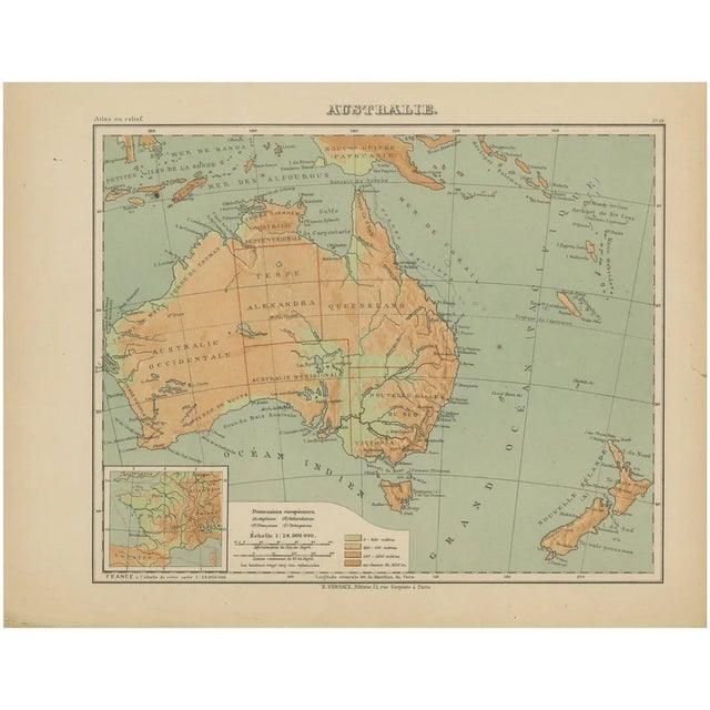 Antique Map of Australia and Oceania Physical Relief Map by Hachette, 1883 For Sale