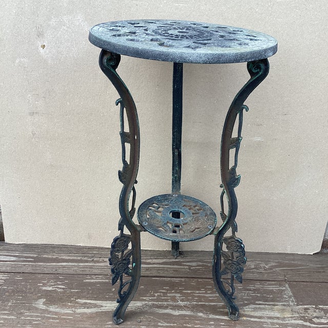 Vintage Art Nouveau Cast Iron Plant Stand With Verdigris Patina For Sale In Chicago - Image 6 of 12