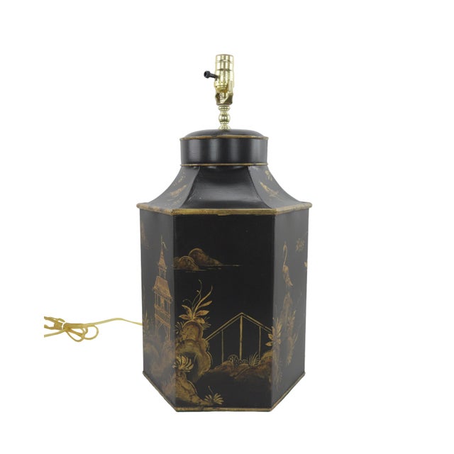 Pair Chinoiserie Hand Painted English Export Hexagonal Tole Tea Caddy Lamp For Sale - Image 9 of 10