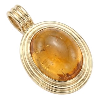 Citrine Cabochon Cut Pendant | 18k Yellow Gold Plated Grooved Bezel Charm Pendant | Vintage November Birthstone Pendant For Sale