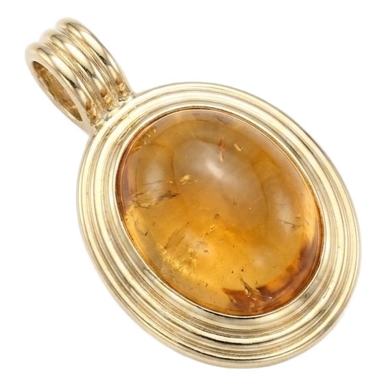 Citrine Cabochon Cut Pendant | 18k Yellow Gold Plated Grooved Bezel Charm Pendant | Vintage November Birthstone Pendant For Sale