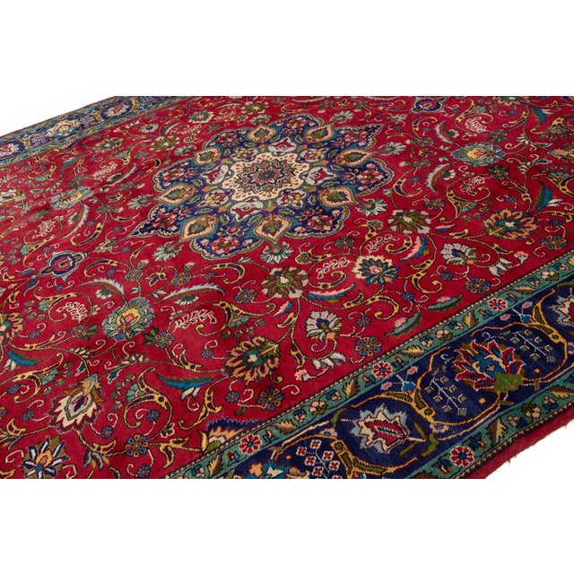 Red 10 X 11 Handmade Vintage Tabriz Red Wool Rug With Rosette Design For Sale - Image 8 of 8