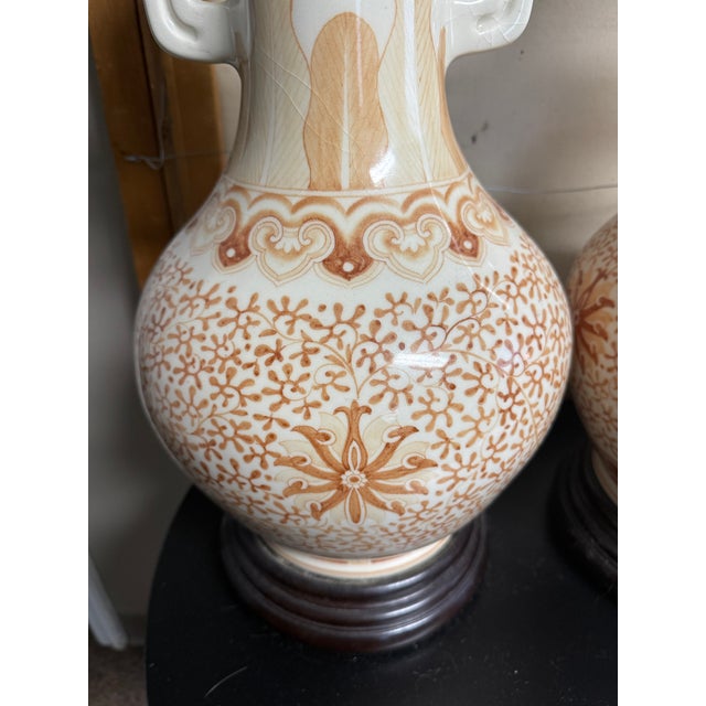 Pair of Large Vintage Crackle Glaze Porcelain Table Lamps With Brass Accents For Sale - Image 11 of 11