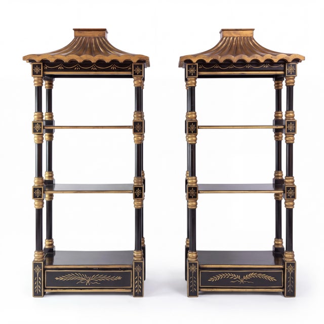 Chinoiserie 20th-C. Chinoiserie Black and Gilt Painted Pagoda Wall Shelves - Pair For Sale - Image 3 of 6