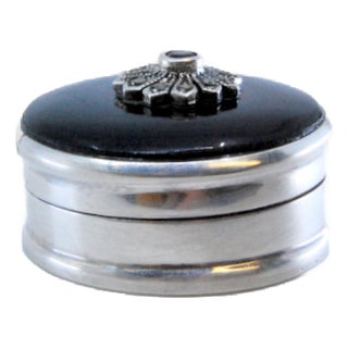 Circular Silver Pill Box with Onyx Application For Sale