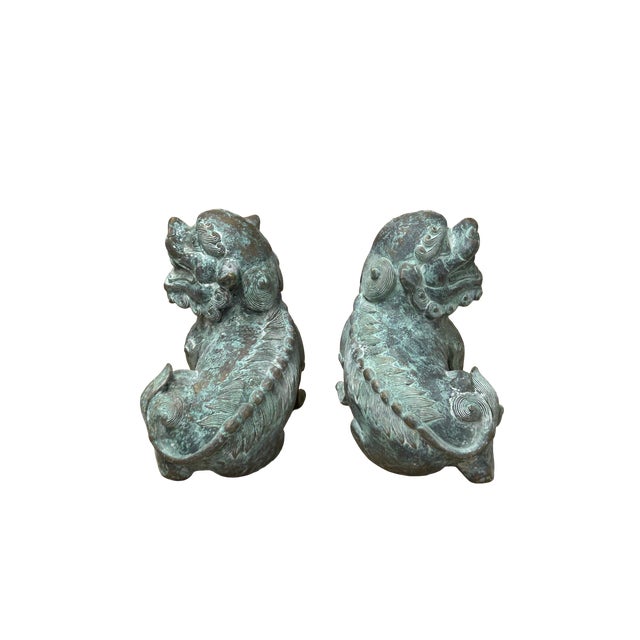 Pair Chinese Rustic Oxidized Patina Fengshui FoDog Metal Figure For Sale In San Francisco - Image 6 of 7