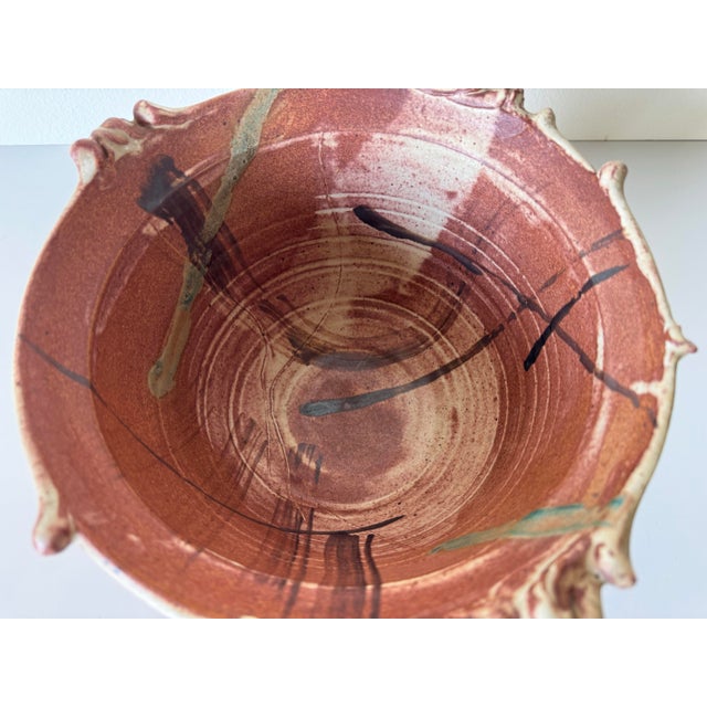 80's Vintage M. Polenberg Art Pottery Bowl With Sculpted Rim and Abstract Design Interior For Sale - Image 9 of 12