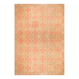1870s Pink Cross Diamond Antique French Needlepoint Rug 14'4" X 18'8" Flatweave Wool Carpet For Sale